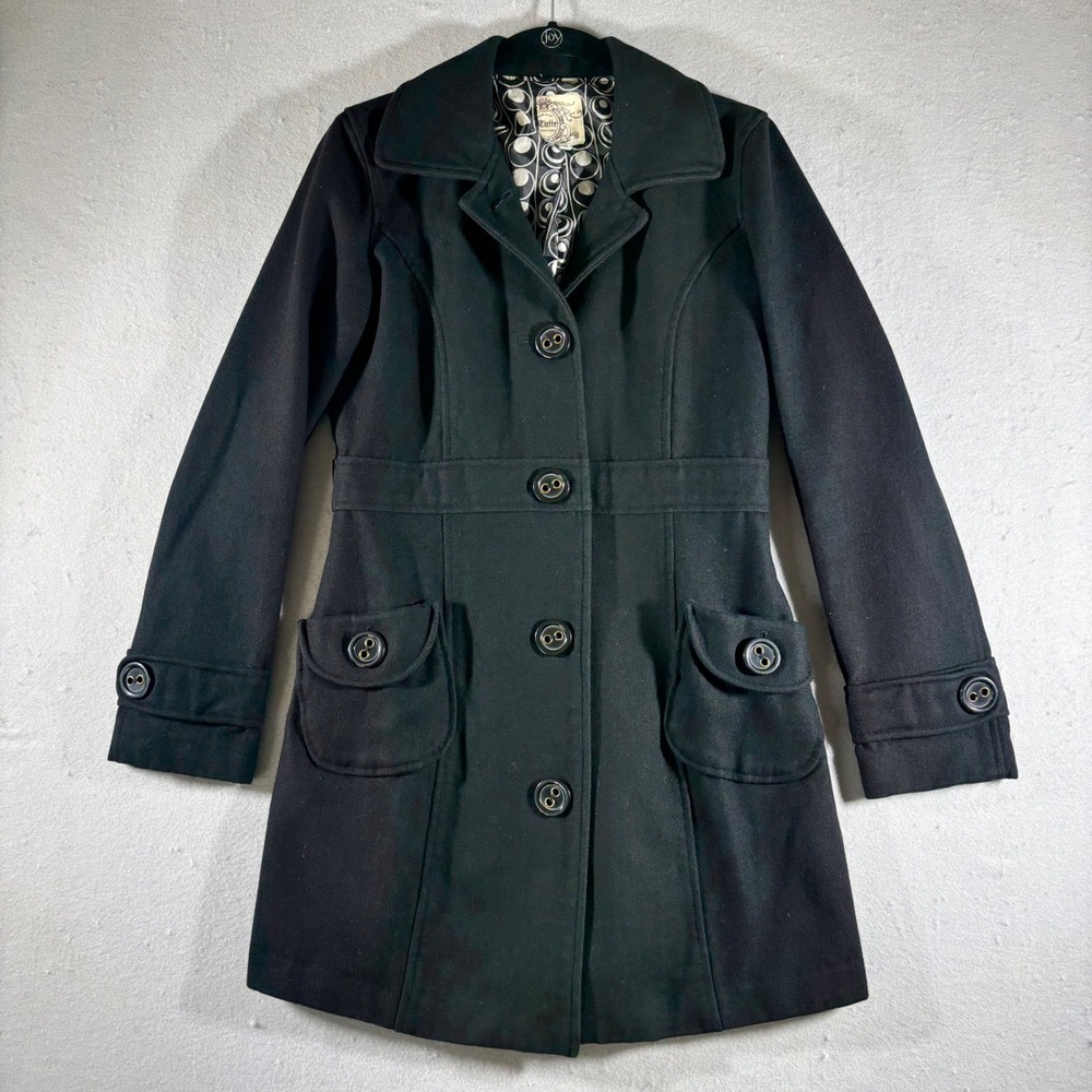 Tulle Women Black Button Front Pea Coat Empire Waist Geometric Lining Small
